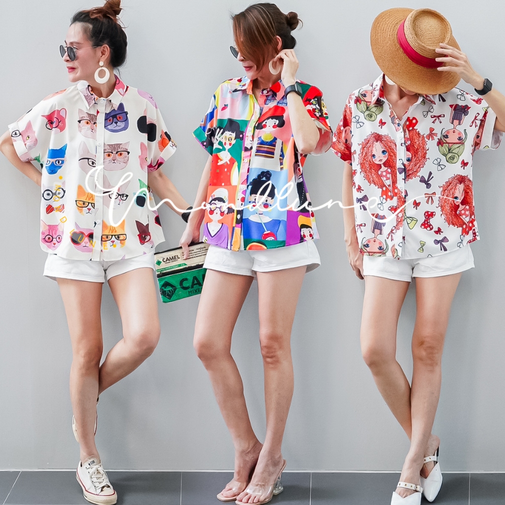 #3761 MondLune เสื้อคอปกเชิ้ต แขนสั้นในตัว ไหล่สโลป กระดุมผ่าหน้า ทรงเบสิค ผ้าไหมอิตาลี พิมพ์ดิจิตอล