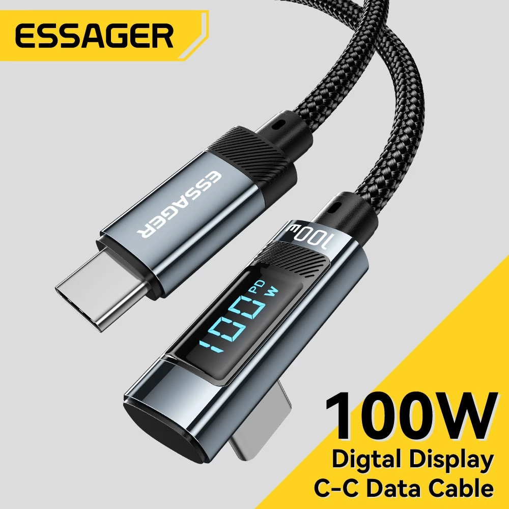 Essager สายเคเบิล Type C to Type C 100W กระแสไฟ 5A จอแสดงผลดิจิทัลสำหรับถ่ายโอนข้อมูล USB2.0 สายเคเบิลแบบงอ Type-C