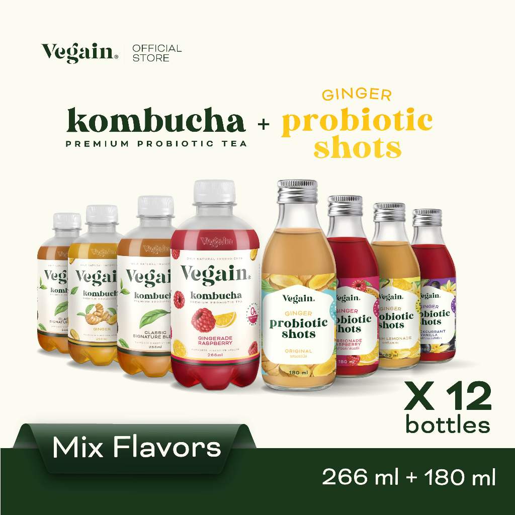 Vegain ชุดขับถ่ายดี ขิงหมัก Ginger Probiotic Shot (180ml.) | ชาหมัก Kombucha ครบรส (266ml.)