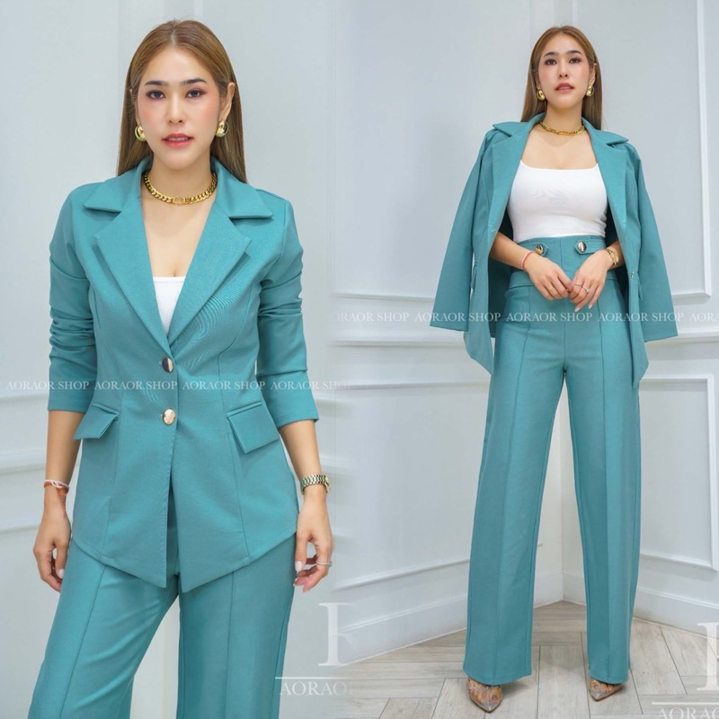 ชุดสูท3ชิ้น : เสื้อสูท+เสื้อกล้าม(ผ้าเรย่อน)+กางเกงเองสูทแต่งกระดุมทอง เรียบหรู ดูเก๋ #192