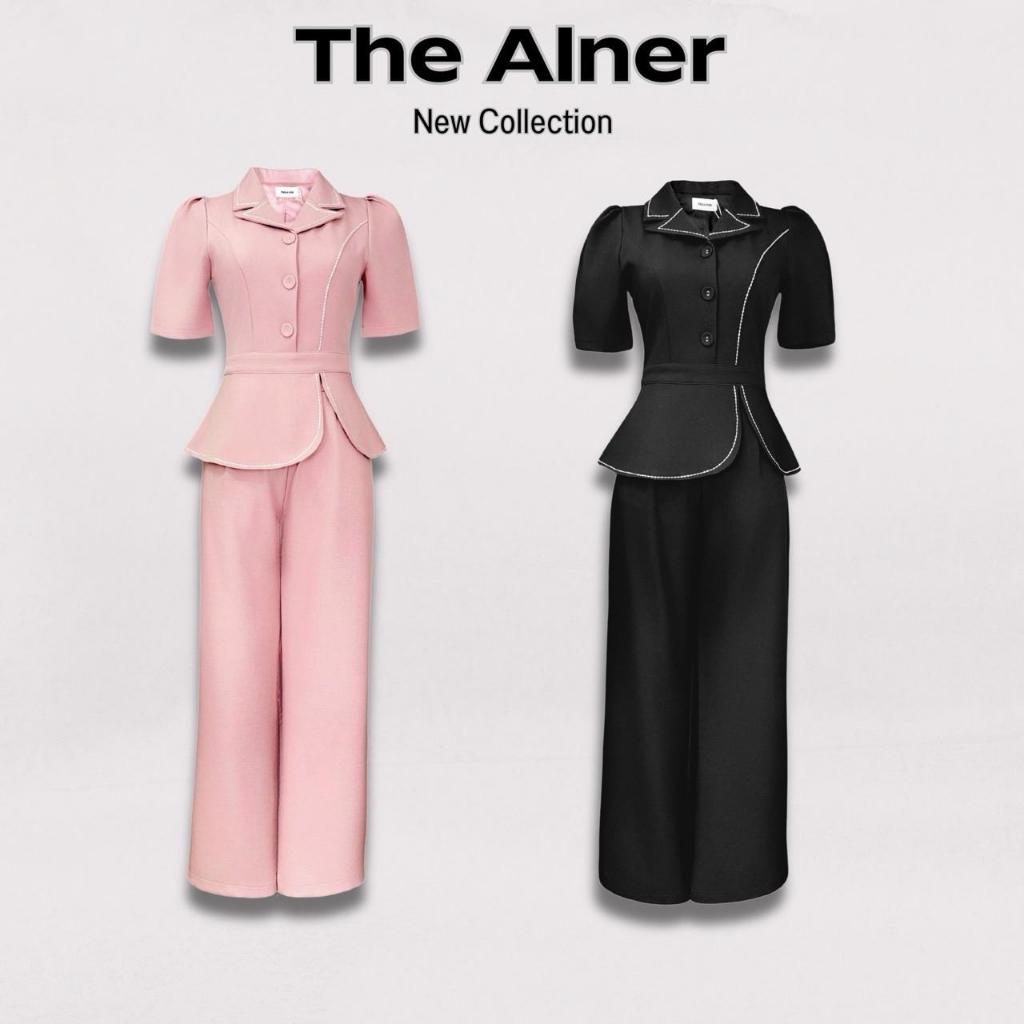 AN774 เซตเสื้อคอปกแขนสั้นแต่งขอบขาว กก.ขายาว The Alner Women Clothing Lady ผู้หญิง