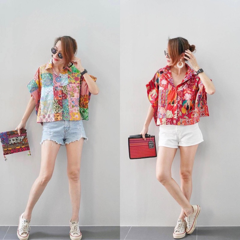 เสื้อเชิ้ตคอตตอนอินเดียคอปก แขนในตัว สไตล์โบฮีเมียน ป้าย Perfect Style