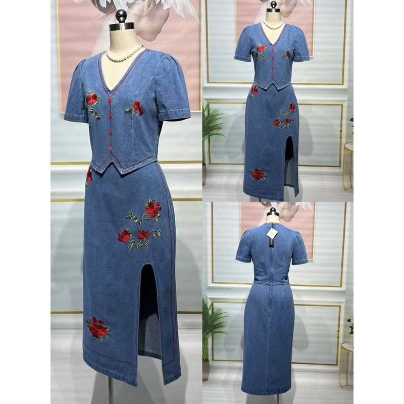 Ananya S-4XL > ชุดเซ็ทยีนส์ เสื้อแขนสั้นคอวี+กระโปรงยีนส์ผ่าชายด้านหน้าซ้าย งานปักสวยฉ่ำมากค่ะ A443