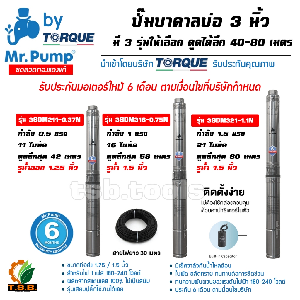MR.PUMP (ซับเมอร์ส) ปั้มบาดาล ไฟ Ac 220V บ่อ 3 นิ้ว
