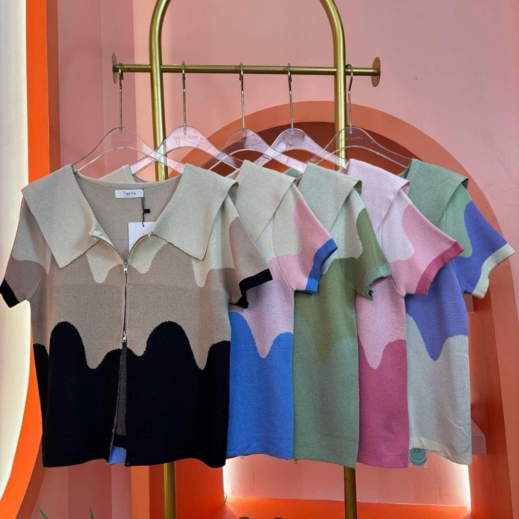 (T795)เสื้อไหมพรมถักนิ้ตติ้งทีโทนดีเทลคอปกซิบคู่