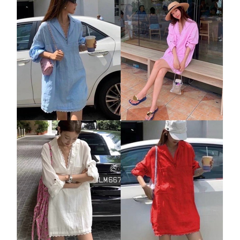 sirin studioเดรสทรงเชิตดีเทลผ้าลินินเนื้อนิ่มแต่ลูกไม้ระบายช่วงคอB178