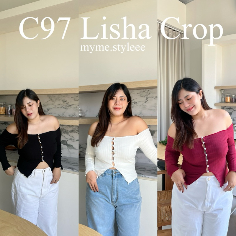 C97 Lisha Crop - myme.styleee เสื้อแต่งกระดุมมุกสาวอวบ