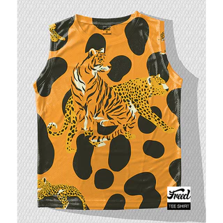 FREEDเสือแขนกุด สีขาวพิมพ์ลาย ผ้าสปอร์ตไมโครทอลายรังผึ้ง Unisex