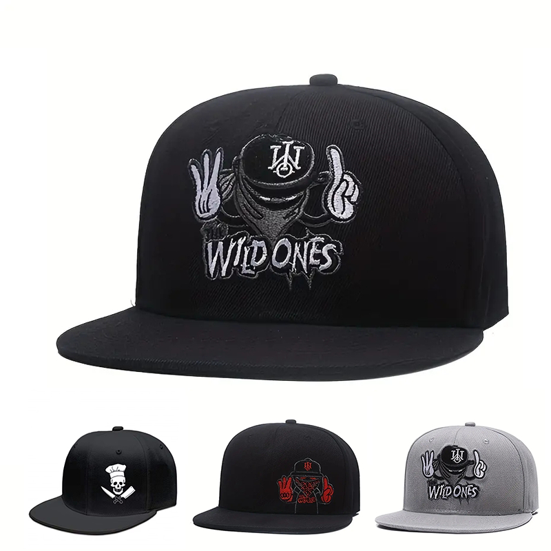 ตัวอักษร Wild Ones ปักรูปแบบนินจา Retro เบสบอลหมวกกลับ Snap สีดำหมวกกีฬา Street Art หมวก