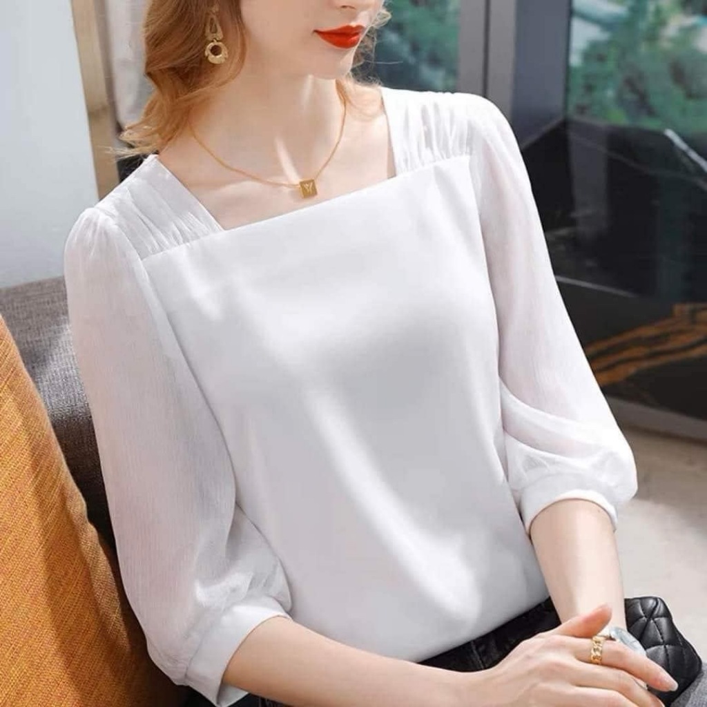 เสื้อชีฟอง คอเหลี่ยม มีซับใน ตัดเย็บโรงงานไทย