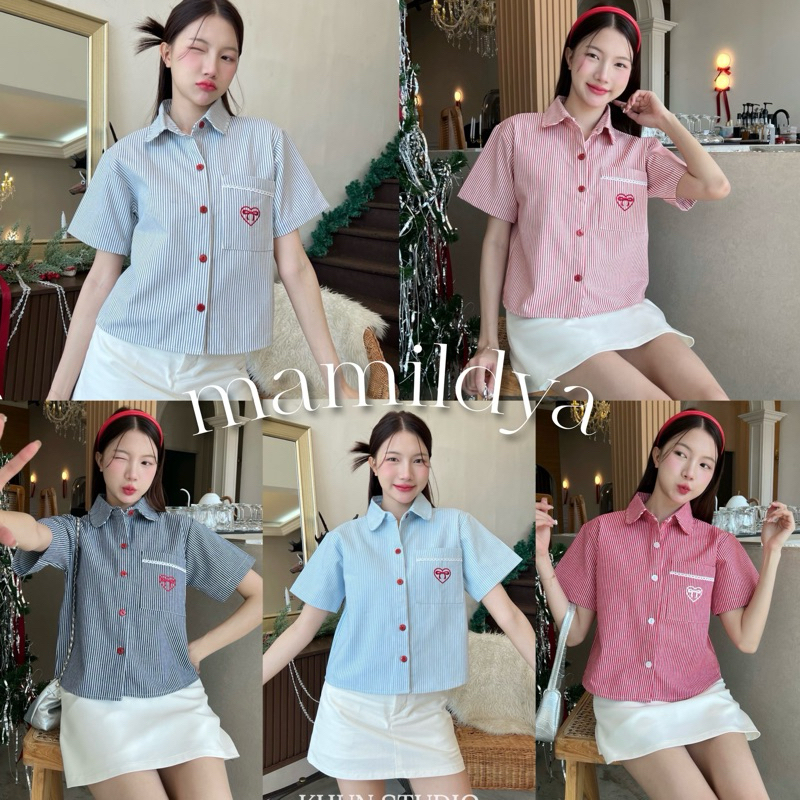 Mamildya.shop เสื้อคอปกปล่อยๆ กระเป๋าหน้า1ข้าง แต่งลูกไม้เล็กๆ /P1-1 /KHUN-ปกB1