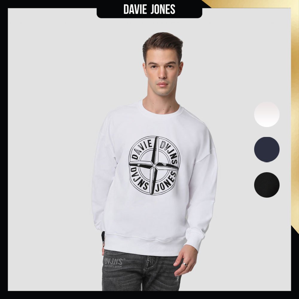 DAVIE JONES เสื้อสเวตเตอร์ Logo Oversized Fit Sweater SW0046 สีขาว กรม ดำ