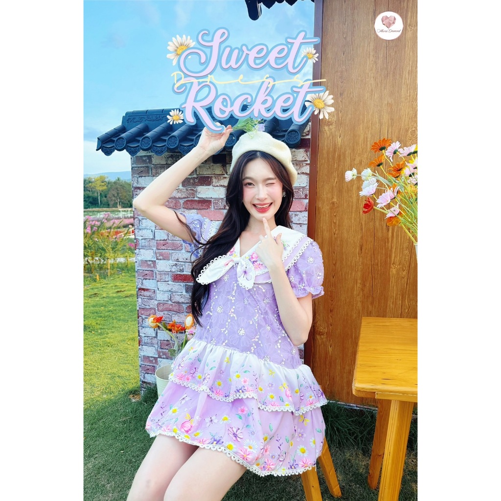 (มี3XL) Sweet Rocket Dress เดรสสั้นกระโปรงสองชั้น ผ้าตาข่าย 3D ปักเลื่อม ปกกะลาสีผูกโบว์ ซับในทั้งชุด ซิปหลัง