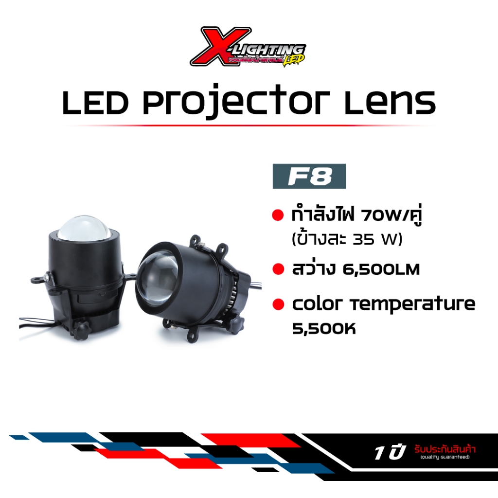 ไฟตัดหมอก รับประกัน 1 ปี Bi-LED Projector รุ่น F8 70W 6500LM 6000K แสงสีขาว Blue lens ขนาด 3 นิ้ว