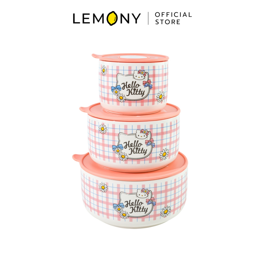 LEMONY Sanrio Hello Kitty Set of 3 bowls with vacuum silicone lids ชุดชามพร้อมฝาซิลิโคน 3 ชิ้น