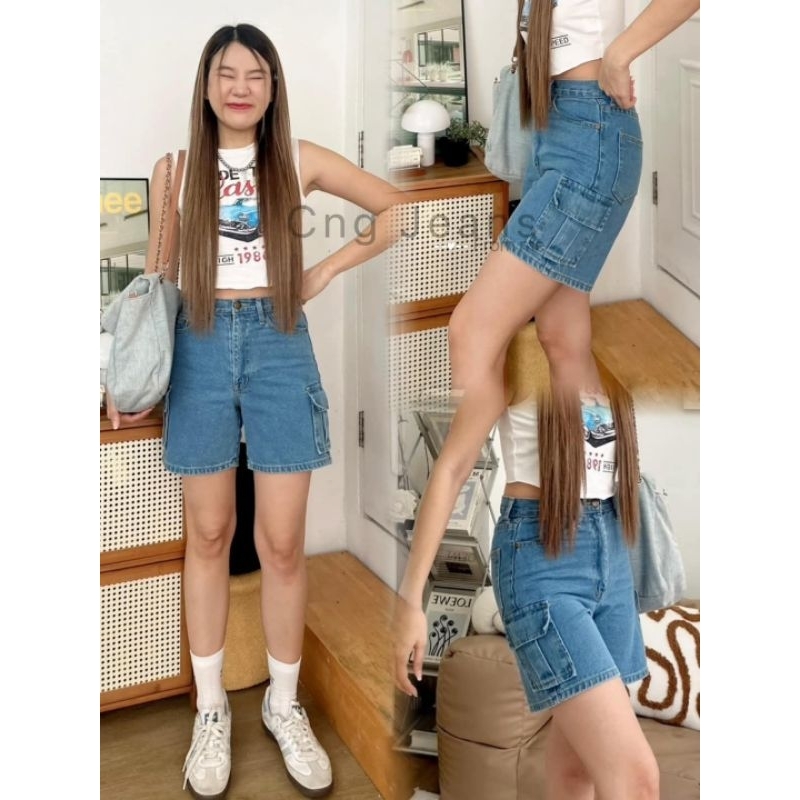 กางเกงยีนส์3ส่วนทรงกระเป๋าคาร์โก้cng*S-42นิ้ว#บล็อคปกติ-ยีนส์ไม่ยืด