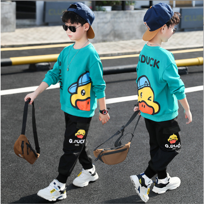 Belly พร้อมส่ง [เสื้อแขนยาว + กางเกงขายาว]ชุดเด็กไซส์กลางและใหญ่ เสื้อผ้าเด็กสไตล์เกาหลี เซตสองชิ้น เสื้อผ เป็ดเหลืองขน