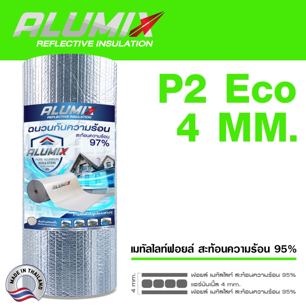 ส่งฟรี ฉนวนกันความร้อน Alumix P2 (ม้วน) เมทัลชีทฟอลย์ กันความร้อน 2 ด้าน สะท้อนความร้อน95% หนา 4 มม.
