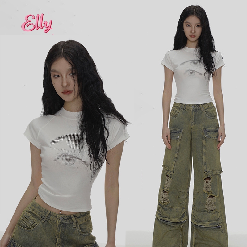 ELLY พร้อมส่ง เสื้อยืดแขนสั้น เสื้อรัดรูป คอกลม ทรงเอวลอย Y2K เสื้อครอปแฟชั่นผู้หญิง พิมพ์ลายตา น่ารัก สไตล์เกาหลี