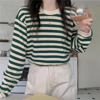 เสื้อผ้าแฟชั่นผู้หญิง เสื้อแขนยาวลายทางคอกลม ผ้านิ่มใส่สบาย0581*