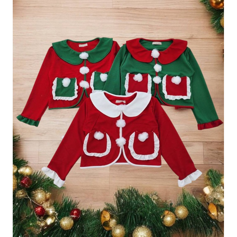 mnv_shop Merry Christmas. เสื้อแขนยาว ปกคอบัวติดปอม ปลายแขนระบาย แต่งกระเป๋า ผ้าวูลเวฟ เบาใส่สะบาย
