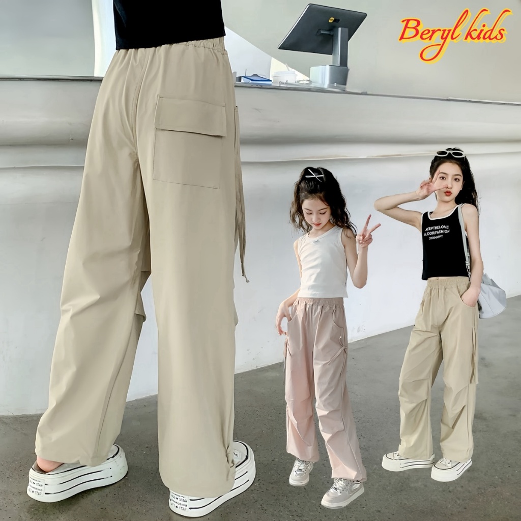 Beryl kids กางเกงคาร์โก้เด็กฤดูร้อน กางเกงแฟชั่นเด็กสาว เอวยางยืด ทรงหลวมสบายๆ สไตล์ใหม่ มีสองสีให้เลือก