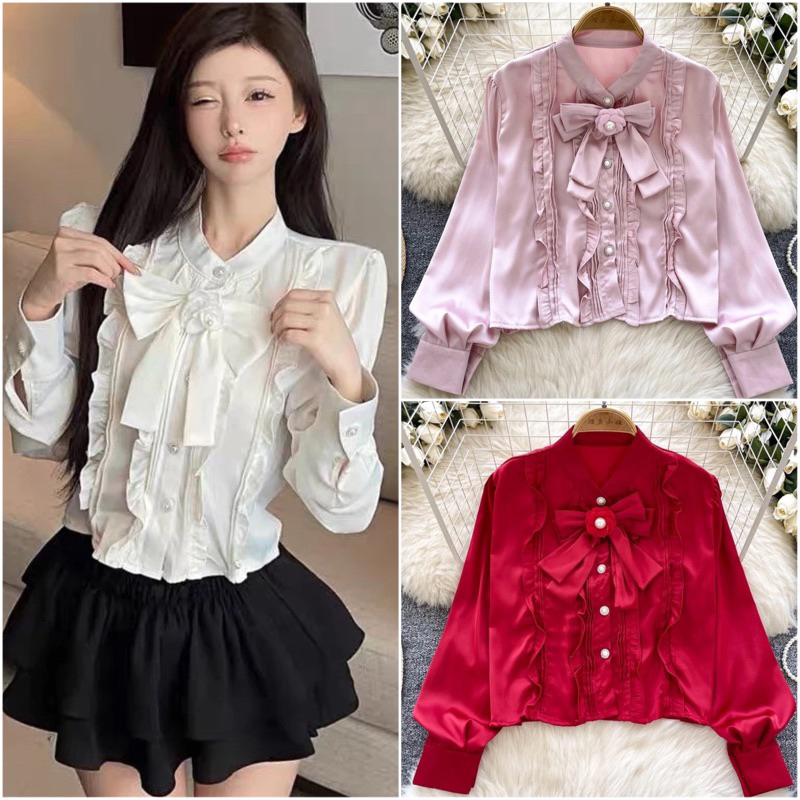 พร้อมส่ง เสื้อเชิ้ตเเขนยาวผ้าซาตินมีเข็มกลัดโบว์ดอกไม้สวยหวานไฮโซ