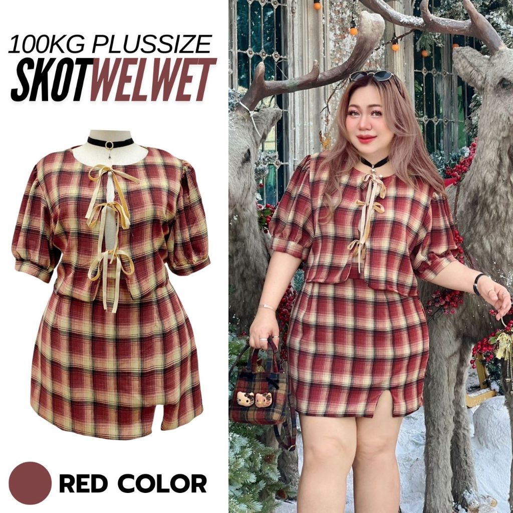Plus sizeชุดเซ็ท2ชิ้นเสื้อแขนตุ๊กตาผูกโบว์ริบบิ้นกำมะหยี่+กระโปรงสั้นผ่าข้าง รุ่น สก็อตเวลเวท(F3)
