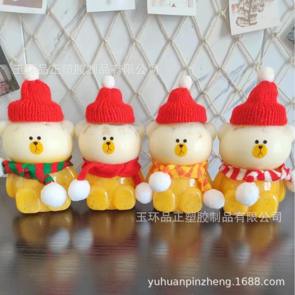 [พร้อมส่ง]ขวด PET พลาสติก รูปตุ๊กตาหิมะ รูปหมี สำหรับบรรจุเครื่องดื่ม ขนม แพ็ค 10 ใบ แถมฟรีผ้าพันคอ+หมวก
