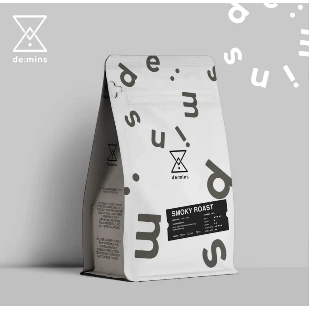 ((250g.)) เมล็ดกาแฟ คั่วเข้ม SMOKY ROAST อราบิก้า 100% De:mins Coffee Roaster