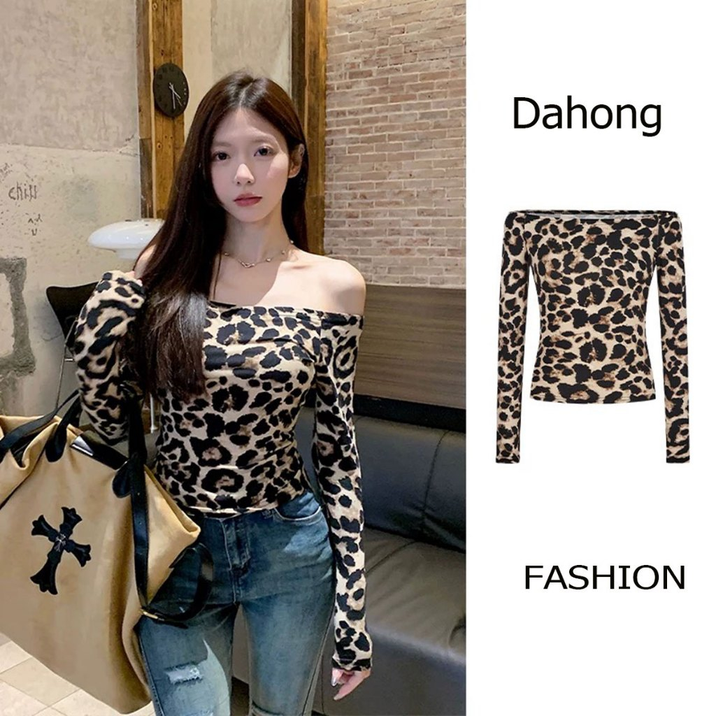 Dahong เสื้อครอปแขนยาวคอยเสือดาวสำหรับผู้หญิง ไหล่ข้างเดี่ยว เสื้อยืดแขนยาวลายเสือดาวสไตล์เรโทร แมทช์ง่าย ต้องมี 2677