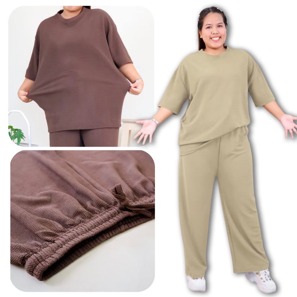 9015# ชุดเช็ทสาวอวบ ไซส์ใหญ่ เสื้อคอกลม แขนสั้น กางเกงขายาว ทรงขากระบอก ผ้าอัดลายเม็ดงา