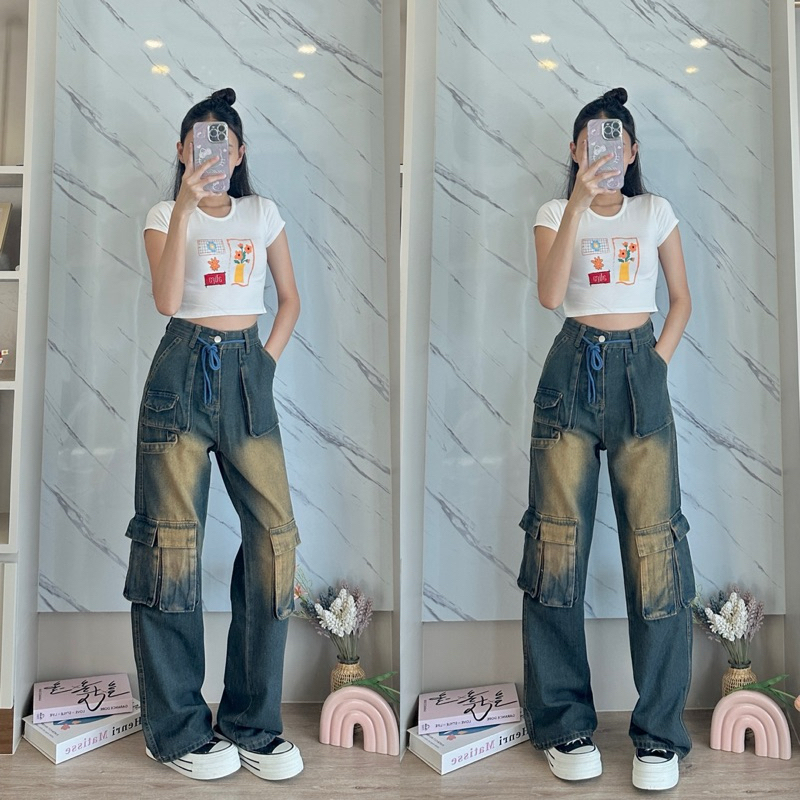Cargo Jeans ทรงช่างสีสนิมเฟด " ยีนส์ป้าย Chana " B559 ชาย-หญิง ใส่ได้ กางเกงยีนส์ผ้าไม่ยืด