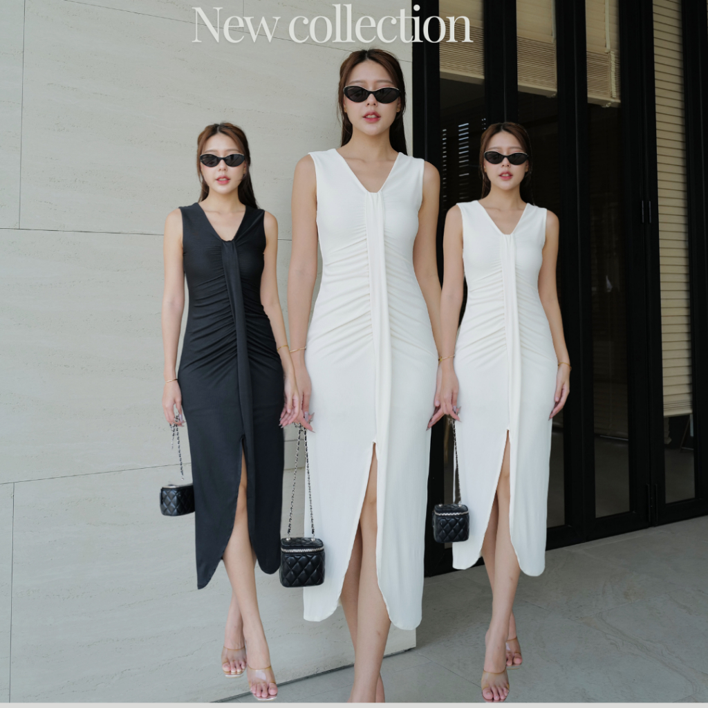 INTUON  #9749 เดรสยาวคอวี แต่งช่วงกลางด้านหน้าตัวชุด (INT4K). T-SHIRTNISTA