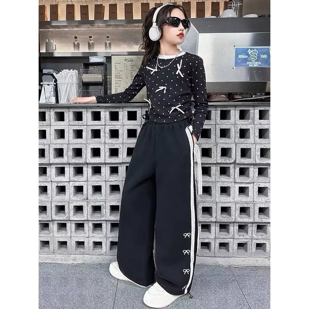 BB062 ชุดเซ็ตเด็กผู้หญิง เสื้อแขนยาว + กางเกงขายาว สำหรับเด็ก เสื้อยืด แต่งโบว์ ผ้านิ่ม ใส่สบาย