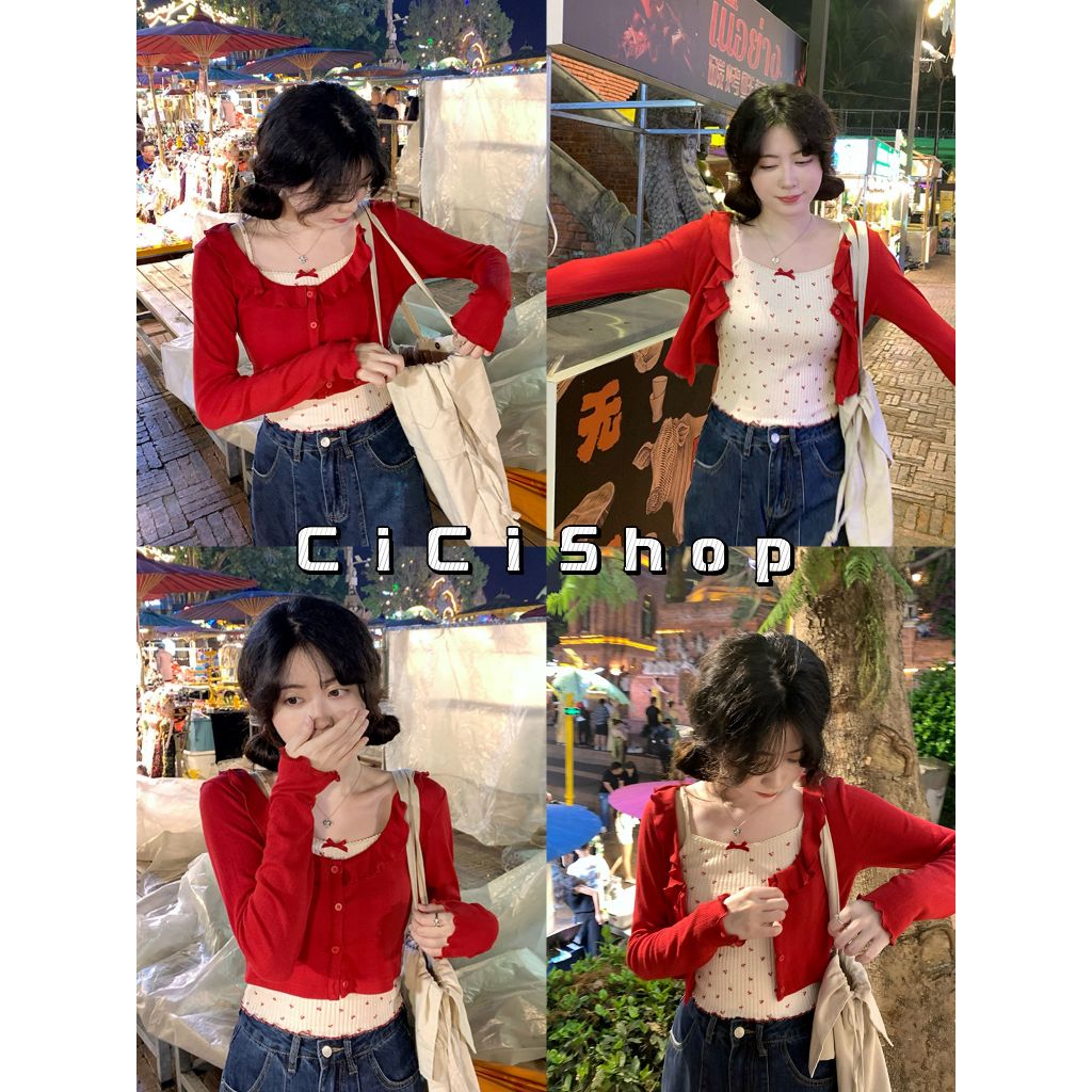 Cicishop(J1620) Set 2 ชิ้น สายเดี่ยว+เสื้อคลุมลายน้องเชอร์รี่ สดใส ซุกซน ขี้เล่น สไตล์เกาหลี