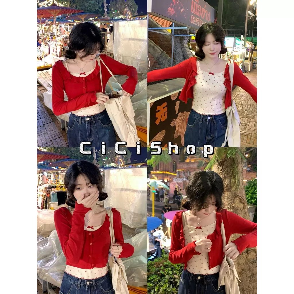 Cicishop(J1620) Set 2 ชิ้น สายเดี่ยว+เสื้อคลุมลายน้องเชอร์รี่ สดใส ซุกซน ขี้เล่น สไตล์เกาหลี