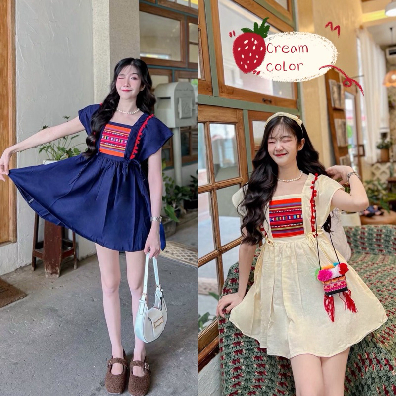 เดรสสั้นผ้าฝ้ายแต่งผ้าลายชาวเขาอาข่า ใส่เที่ยวคาเฟ่หรือเที่ยวเหนือสวยๆได้เลยคะ