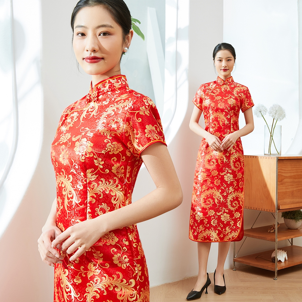 กี่เพ้ายาว Qipao 2026 ชุดกี่เพ้าตรุษจีน ชุดยาวหญิงผู้ใหญ่ เสื้อกี่เพ้า สีแดง คอจีน มีซิปข้าง ตรุษจีน - รูปที่ 3