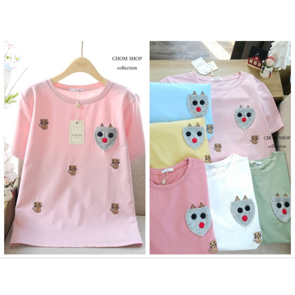 ป้าย CHOM เสื้อผ้าคอตตอนยืดปักลายแมวน่ารัก อก 42 นิ้ว ยาว 24 นิ้ว