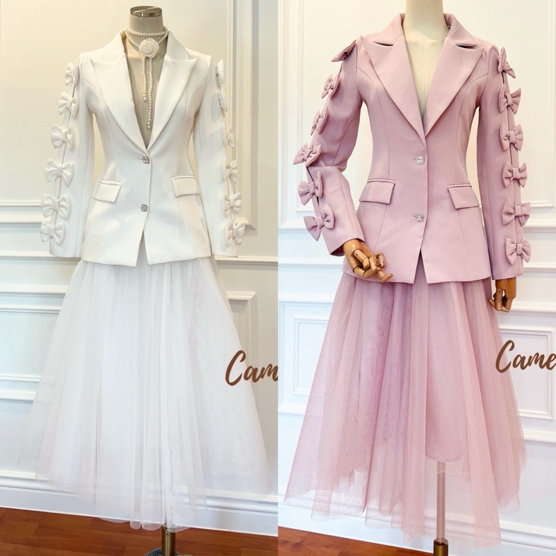 เซ็ต 2 ชิ้น เสื้อสูทแขนยาวกระดุมหน้า แต่งกระเป๋าสองข้าง look