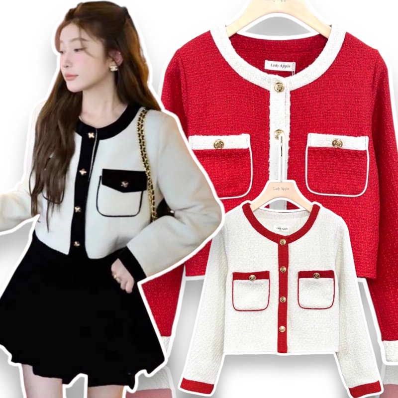 พร้อมส่ง เสื้อคลุมทวีตสไตล์งานสีทูโทนแต่งขอบเสื้อและกุ๊นขอบกระเป๋าใช้กระดุมสีทอง
