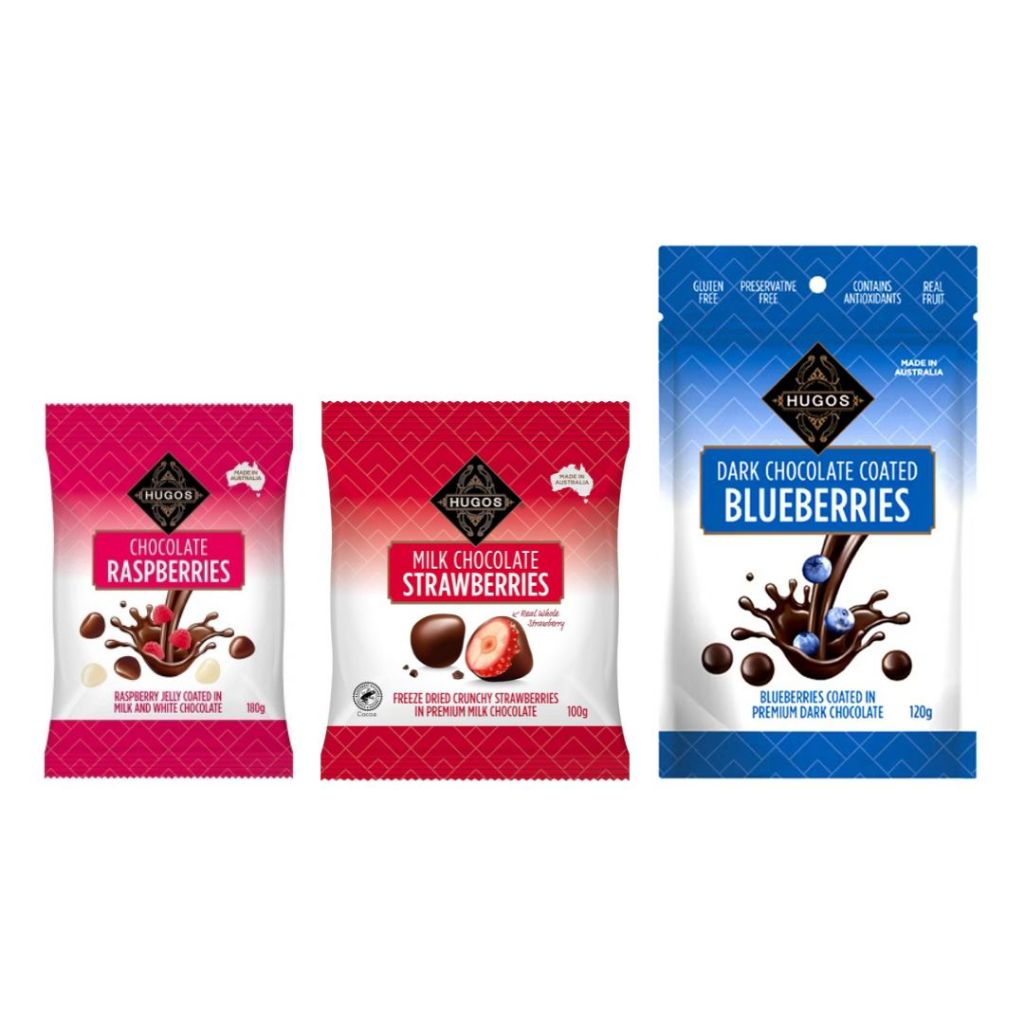 HUGOS Chocolate นํ้าหนัก 100 - 180 กรัม 3 รสชาติ ช็อกโกแลตเคลือบผลไม้ และเยลลี่ผลไม้ จากออสเตรเลีย