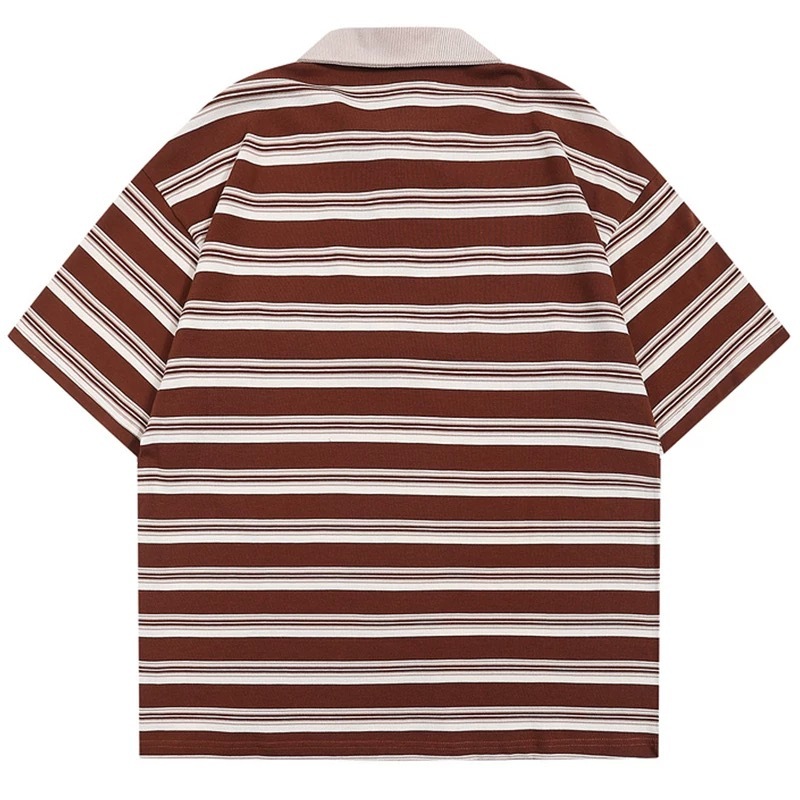 CLIFF สไตล์ญี่ปุ่น ลายทาง เสื้อโปโล แนววินเทจ แบบหลวม แขนสั้นฤดูร้อน ปกพับ - รูปที่ 5