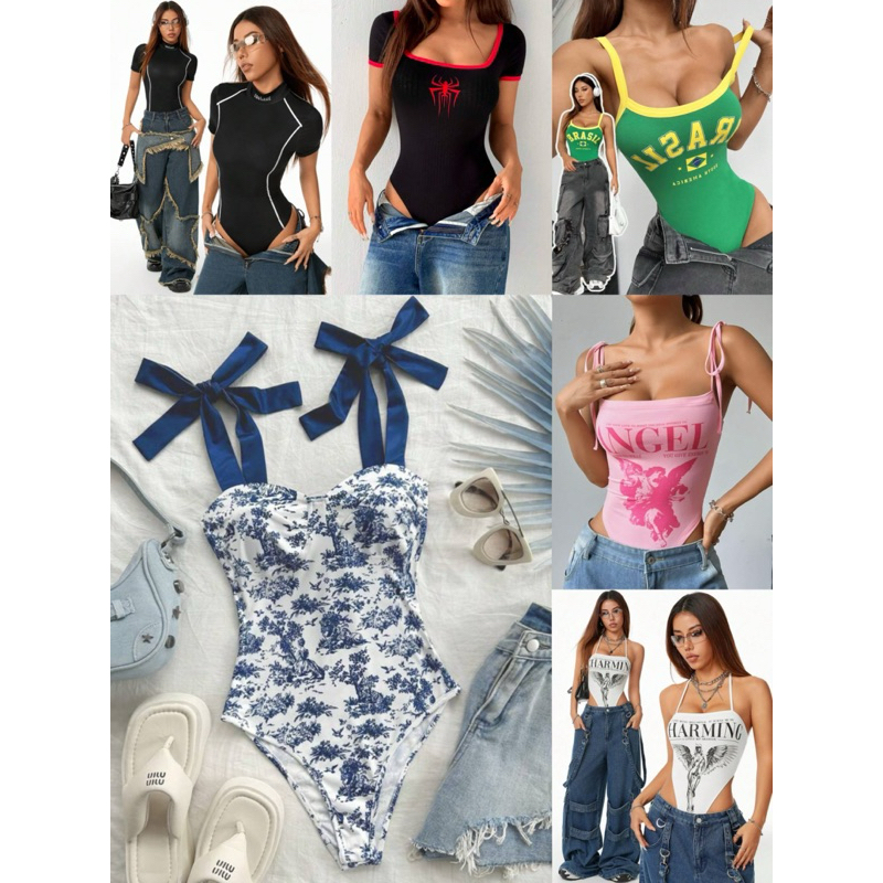 ชุดบอดี้สูท บล็อกสีฟ้าและสีขาวทันสมัยสำหรับวันหยุดพักผ่อนที่ชายหาด Pre-order