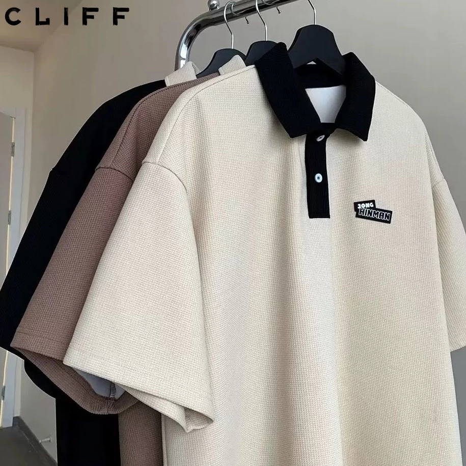 CLIFF สไตล์ญี่ปุ่น วาฟเฟิลด์ เสื้อโปโล ไซส์ใหญ่ แบบหลวม แมทช์ลุคง่าย