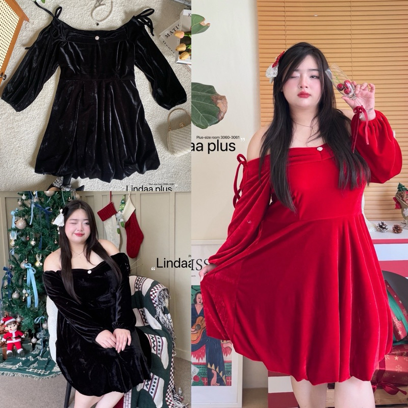 /LD/ เดรสสาวอวบ ปาดไหล่ ผ้ากำมะหยี่ ชายบอลลูน กระดุมดอกไม้ #เสื้อผ้าไซส์ใหญ่ สาวอวบ อ้วน พลัสไซส์