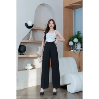 กางเกงขากระบอกกลางเอวสูง ซิปหลัง ผ้าเปเป้ มีหู กระเป๋า2ข้าง (S-3XL) ยาว40"