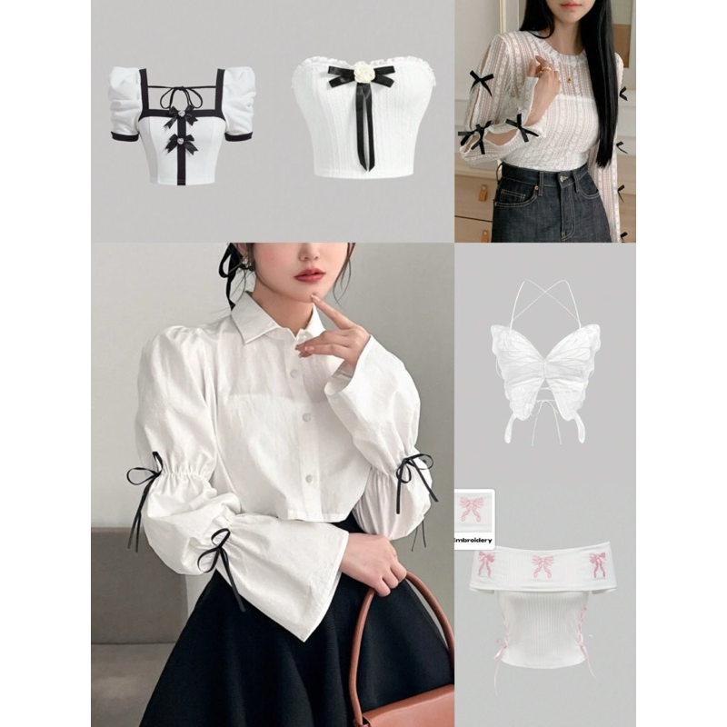 เสื้อสีขาว เรียบหรูดูแพง เสื้อเชิ้ตสีพื้นผูกโบว์ของผู้หญิง เอวเดี่ยว แขนยาว, เสื้อแขนยาว Pre-order