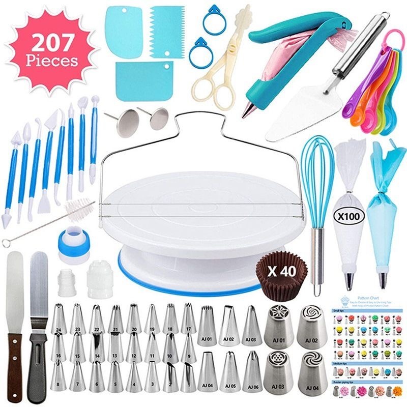พร้อมส่ง ชุดตกแต่งเค้กอบ 207 ชิ้น พร้อมแป้นหมุนเค้ก เครื่องมือเบเกอรี่ DIY ทำเค้กวันเกิด สำหรับบ้าน
